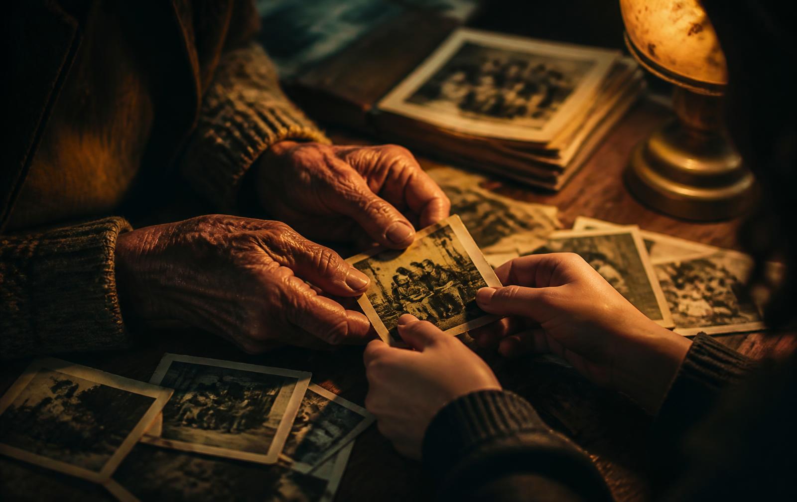 An older person and a young person looking through old family photographs together